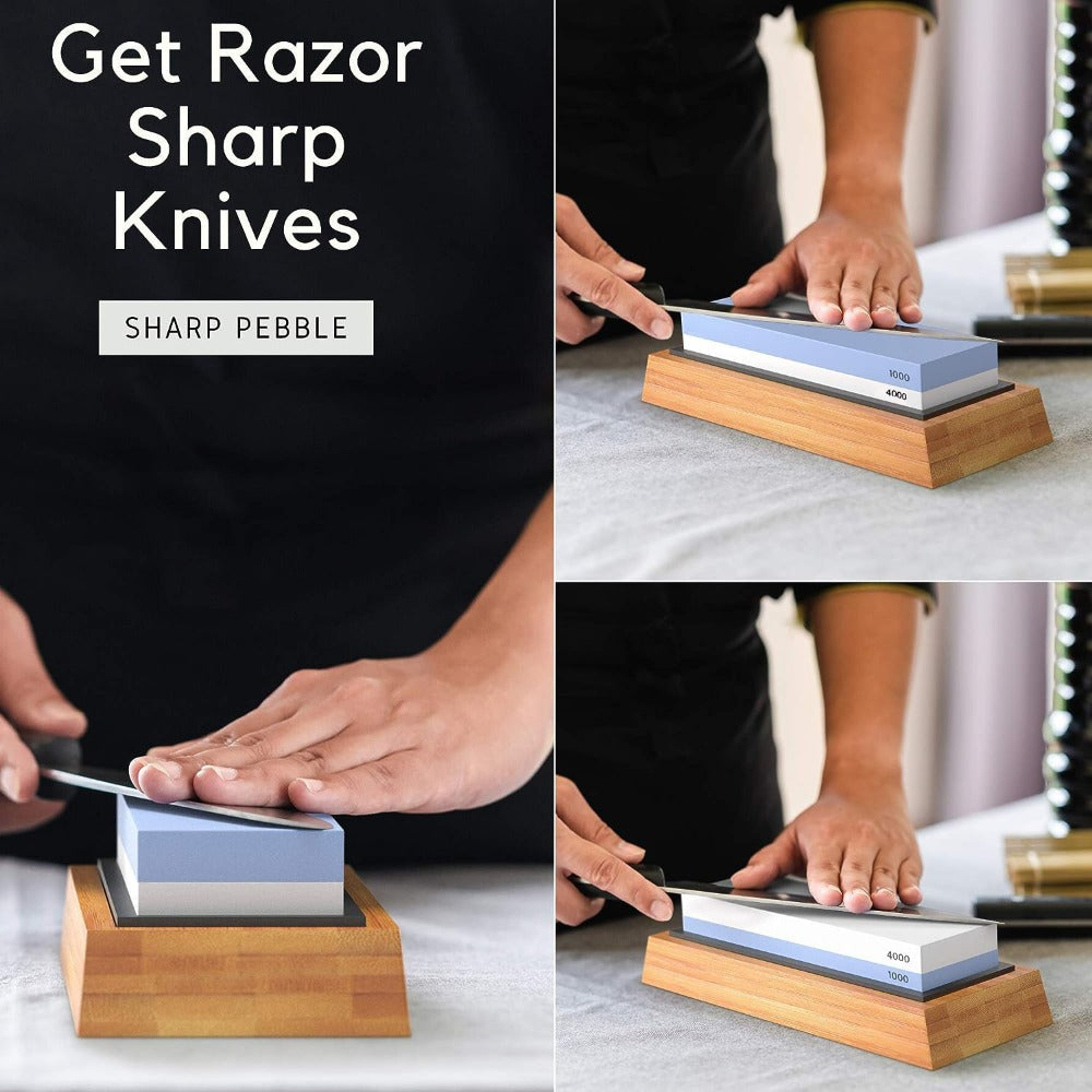 Knife Sharpening Stone 1000/4000 Grit Whetstone Set with Bamboo Base and Angle Guide for Home Cooking, Dining and Outdoor Meals