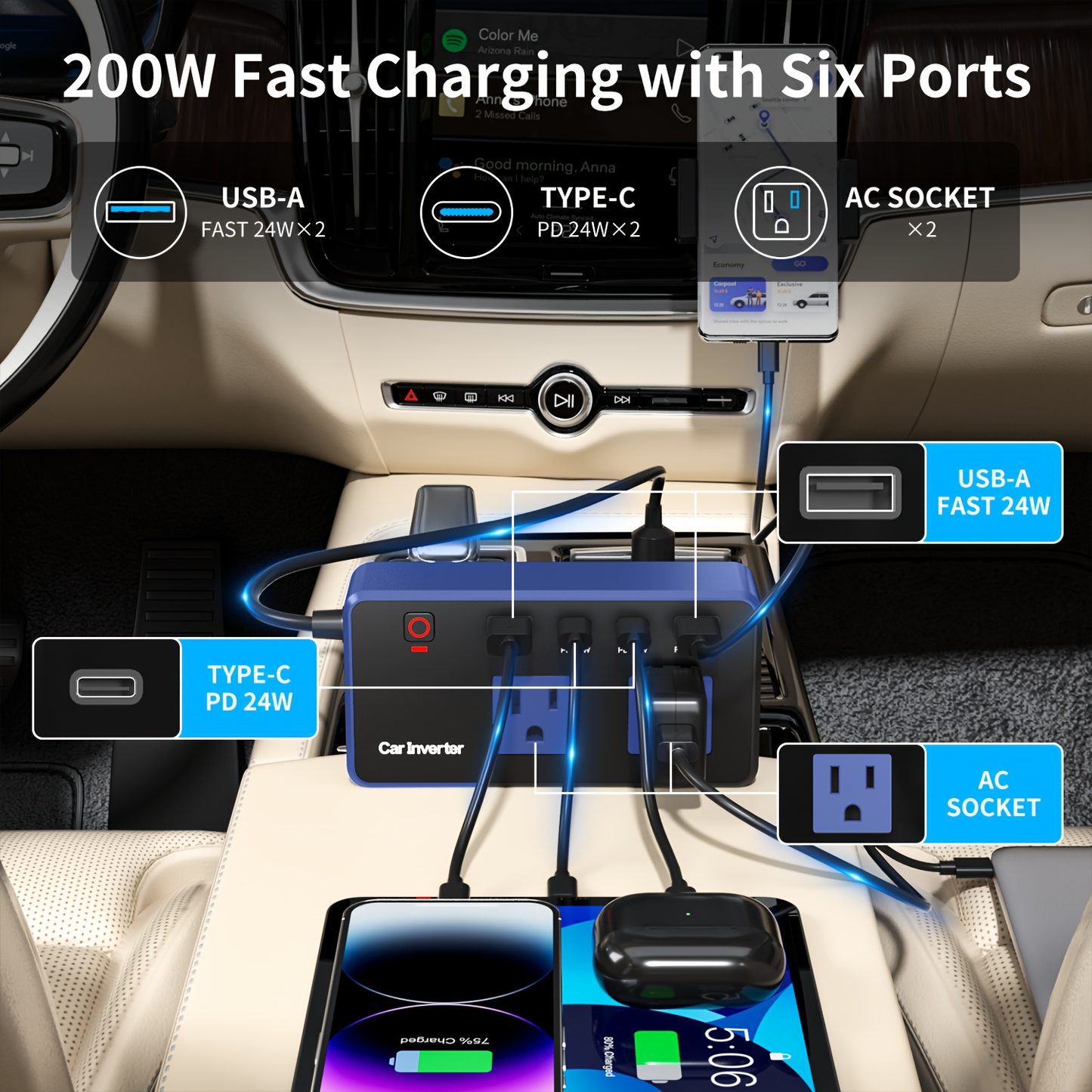 Car Inverter Charger 200W DC 12V to AC 110V with PD 24W USB-C QC 24W Quick Charge Car Plug Adapter US Socket for Vehicle Office Camping Road