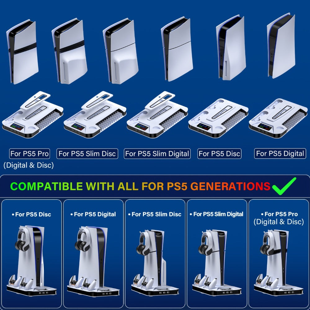 PS5 Cooling Station with USB Hub & Dual Controller Charging Dock for PS5/Slim/Pro, PlayStation 5 Stand Cooler with 3 USB Hubs