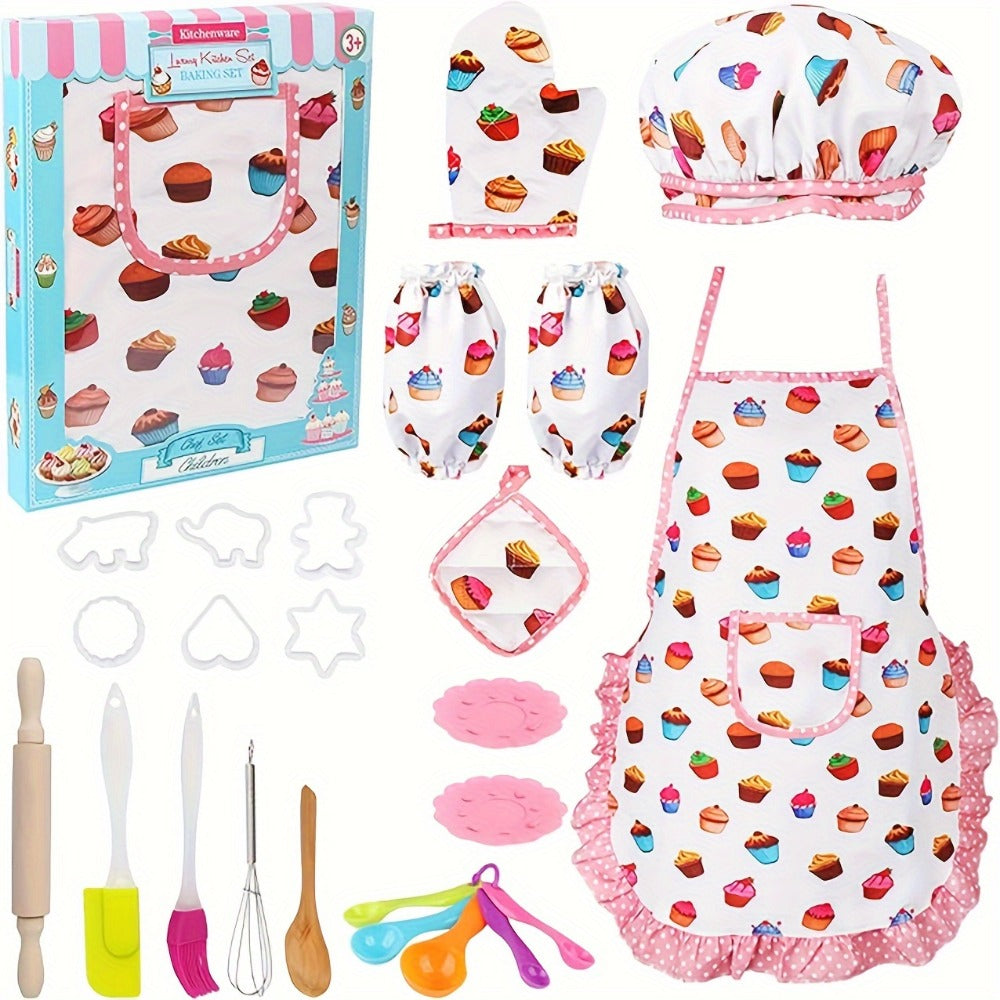 Kids Cooking & Baking Set 24 PCS, Chef Hat & Apron Dress-Up Costume with Baking Accessories for Girls Boys Ages 3-10