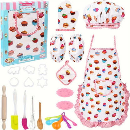 Kids Cooking & Baking Set 24 PCS, Chef Hat & Apron Dress-Up Costume with Baking Accessories for Girls Boys Ages 3-10
