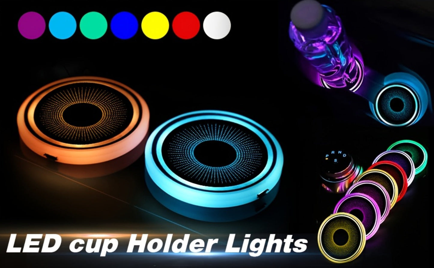 LED Neon Car Cup Holder Coasters – 7 Color USB Rechargeable Glowing Cup Mats, Ambient Light for Car Interior, Bar & Home Decor (Set of 2
