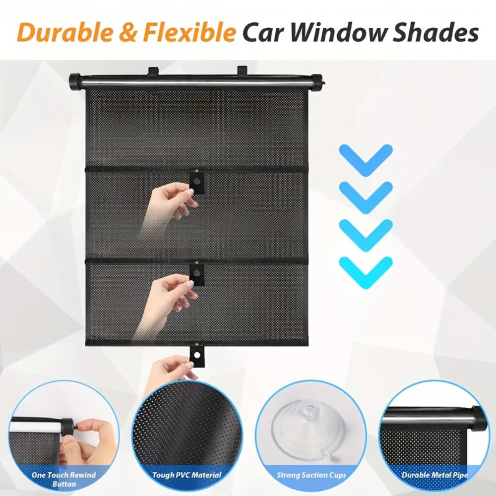 Car Window Curtains 2pcs Retractable PVC Side Window Shades One-Click Storage UV Block Anti-Glare Heat Shield Easy Install Suction Cup Hook