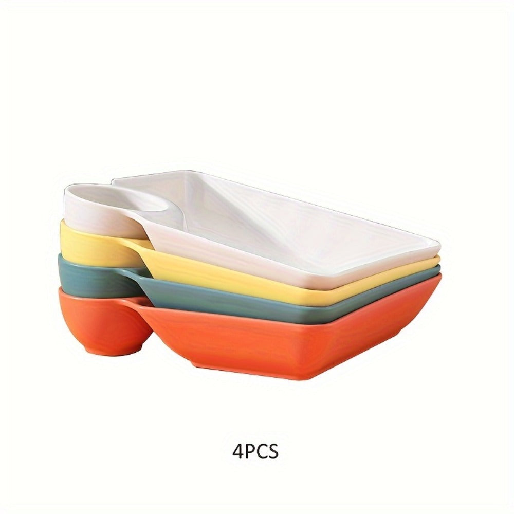Colorful Serving Plates Set 4 Piece – BPA-Free PP Rectangular Snack, Sushi & Appetizer Plates with Dipping Sauce Compartments