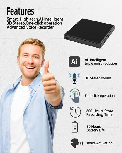 Voice Activated Recorder with AI Noise Reduction, 3072Kbps HD Audio Quality, 64GB Storage Up to 4000 Hours