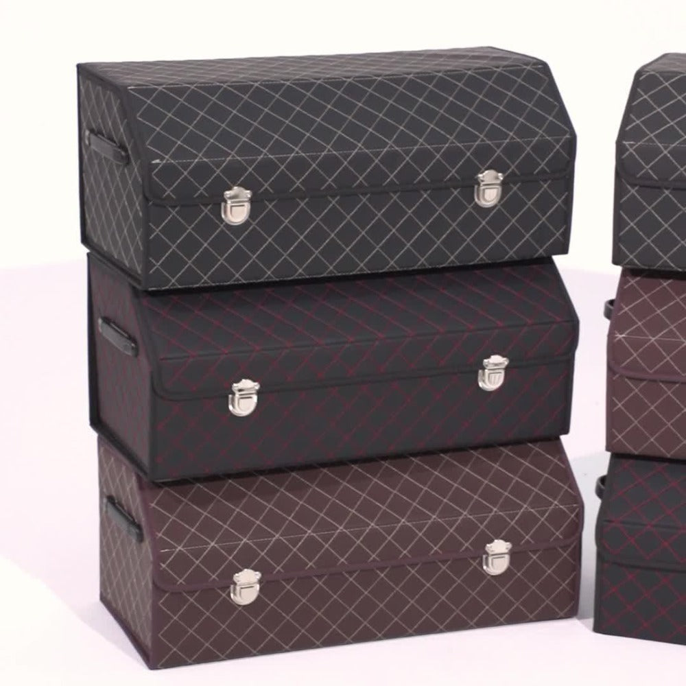 Car Trunk Organizer, Foldable PU Leather Lidded Box in Two Sizes with Lock-Style Closure and Three Color Options