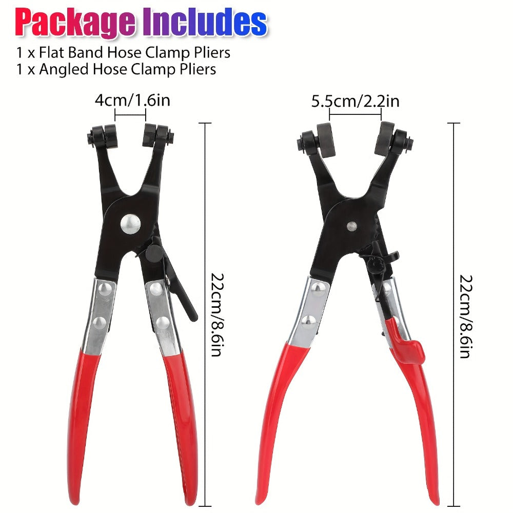 Two-Piece Hose Clamp Pliers Set with Flat and Angled Swivel Jaws, Red Handles and Pictured 22 cm Length
