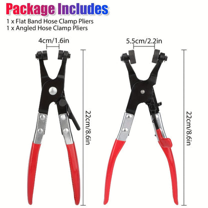 Two-Piece Hose Clamp Pliers Set with Flat and Angled Swivel Jaws, Red Handles and Pictured 22 cm Length