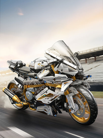 Motorcycle Building Blocks Model Kit 1:5 Scale 2000+ Pieces, Platinum Gold & White Collectible Brick Motorbike Display Set