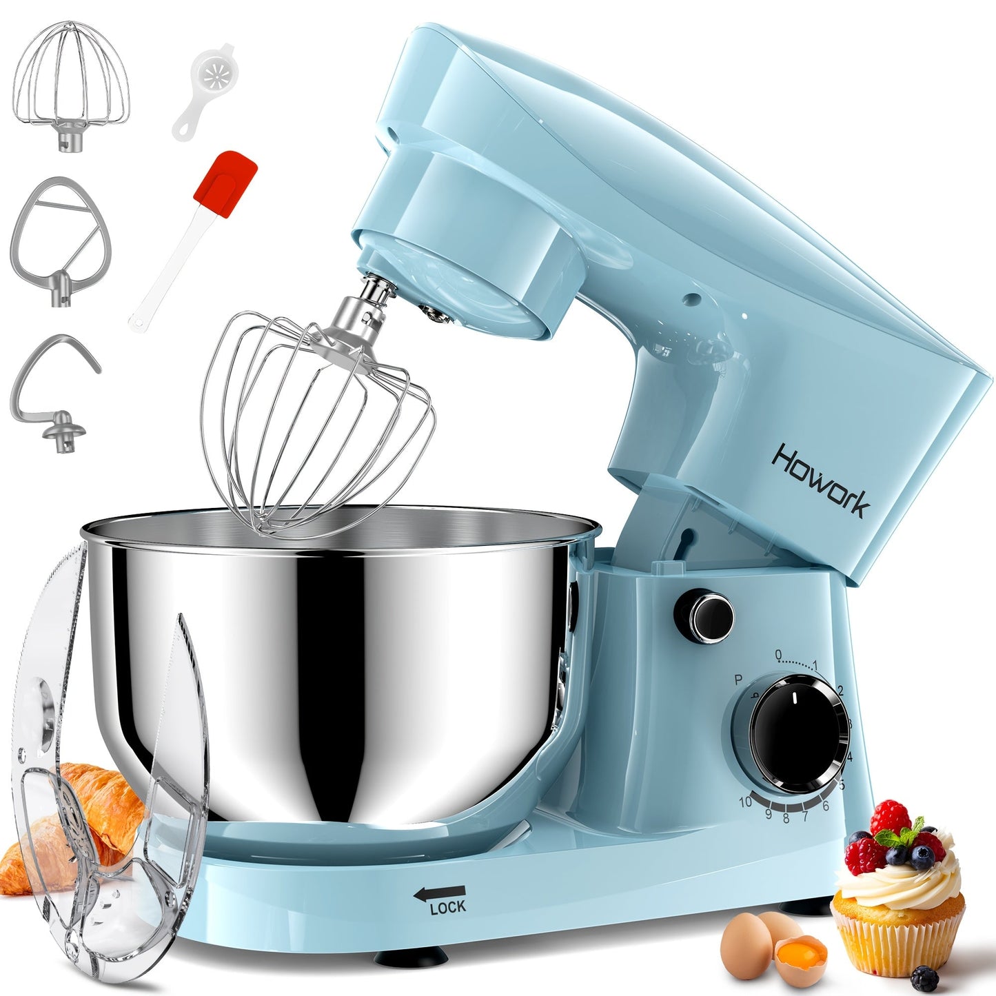 Stand Mixer 5QT, 10-Speed Electric Kitchen Mixer with Dough Hook, Flat Beater, Wire Whip & Pouring Shield