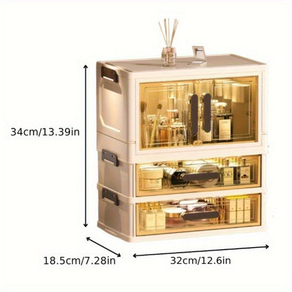 Modular Makeup Storage Cabinet with One or Two Doors, Two Transparent Drawers and White-Gold Trim