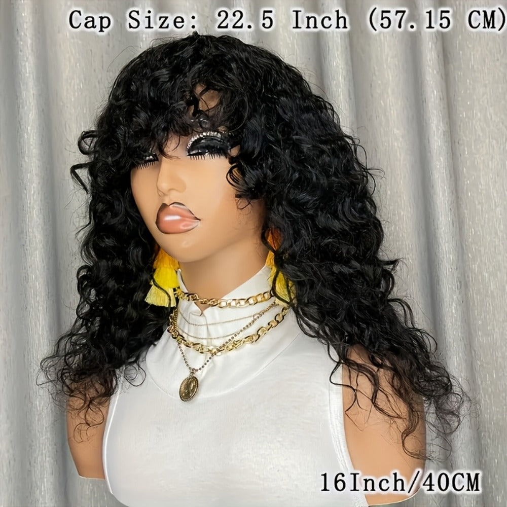 Remy Human Hair Water Wave Wig with Bangs Glueless Full Machine Made Rose Net Cap, for Home, Travel and Salon Hair Styling