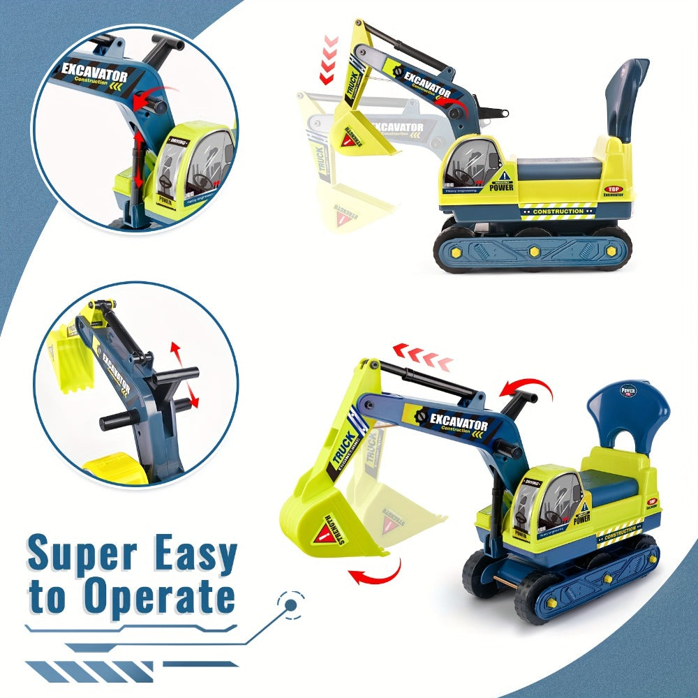 Kids Ride On Excavator Toy Large Beach Sand Digger with Working Scoop Arm, Outdoor Engineering Construction Toy for Toddlers Ages 2-6