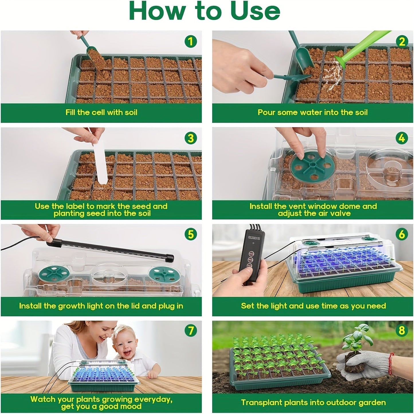 Seedling Starter Tray with Grow Light 4pcs 160-Cell, Adjustable Brightness & Timer, Humidity Dome