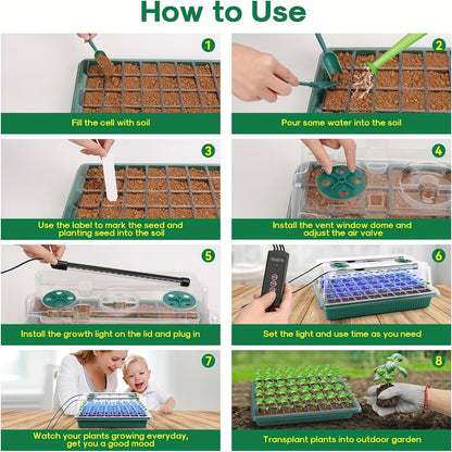 Seedling Starter Tray with Grow Light 4pcs 160-Cell, Adjustable Brightness & Timer, Humidity Dome