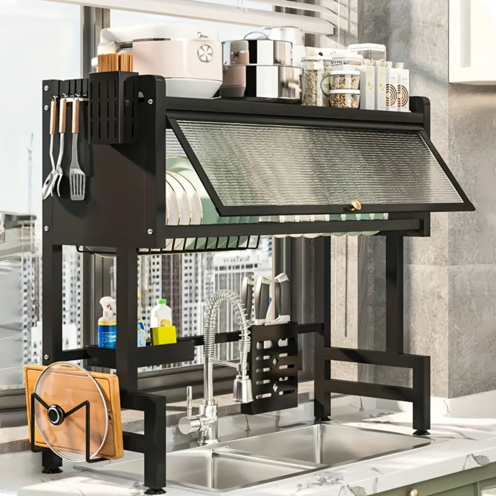 Dish Drying Rack Multi-Tier Kitchen Countertop Drain Rack with Dustproof Cover for Home Cooking, Dining and Outdoor Meals