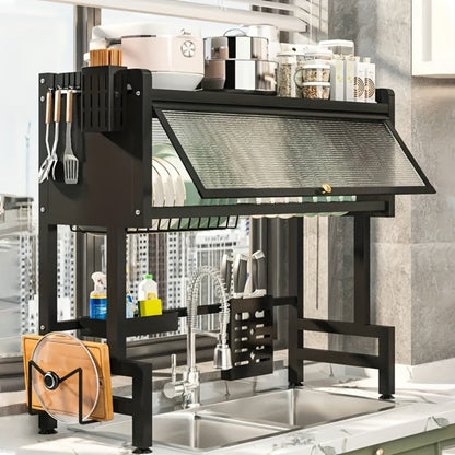 Dish Drying Rack Multi-Tier Kitchen Countertop Drain Rack with Dustproof Cover for Home Cooking, Dining and Outdoor Meals