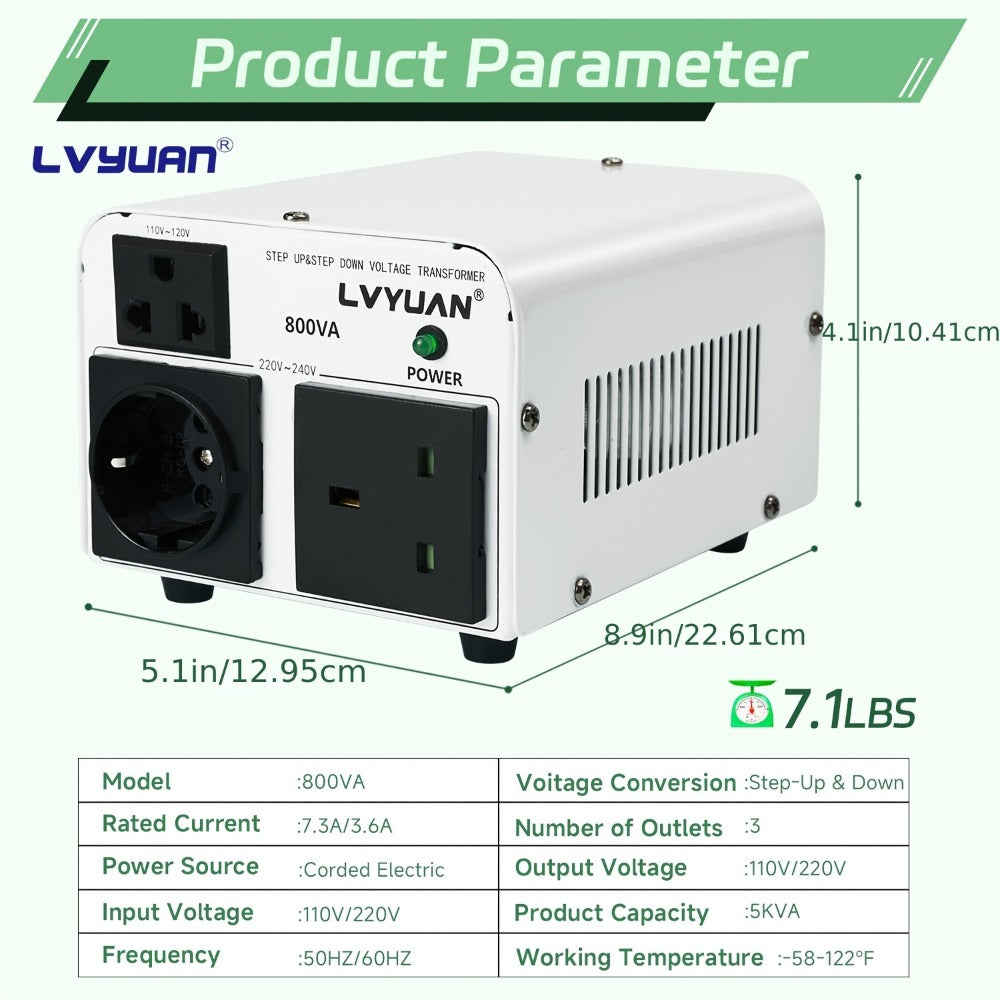 Voltage Converter Transformer 800W Continuous 5000W Peak - Step Up Step Down 110V to 220V, Aluminum Alloy Housing