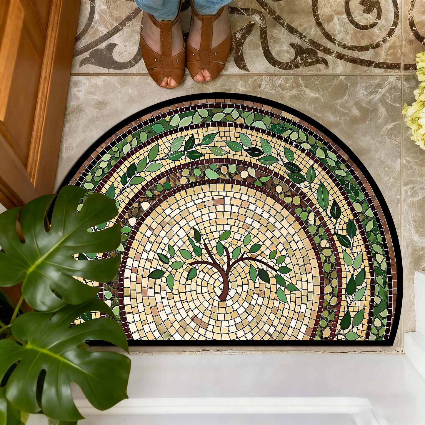 Non-Slip Bathroom Rug Semicircle Bath Mat, Crystal Velvet Soft Absorbent Floor Mat, Vintage Mosaic Vine Pattern