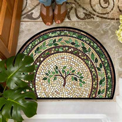 Non-Slip Bathroom Rug Semicircle Bath Mat, Crystal Velvet Soft Absorbent Floor Mat, Vintage Mosaic Vine Pattern
