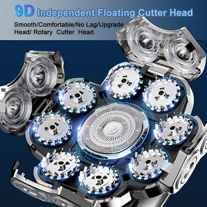 Nine-Head Rotary Electric Shaver Kit with Four Grooming Attachments, LED Display and Silver Finish