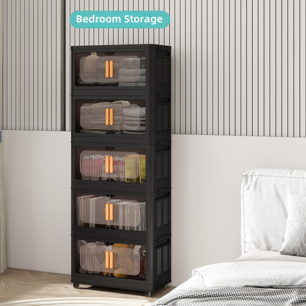Storage Cart 4 or 5-Tier Enclosed Plastic Organizer with Double Doors, Folding Panels and Lockable Wheels