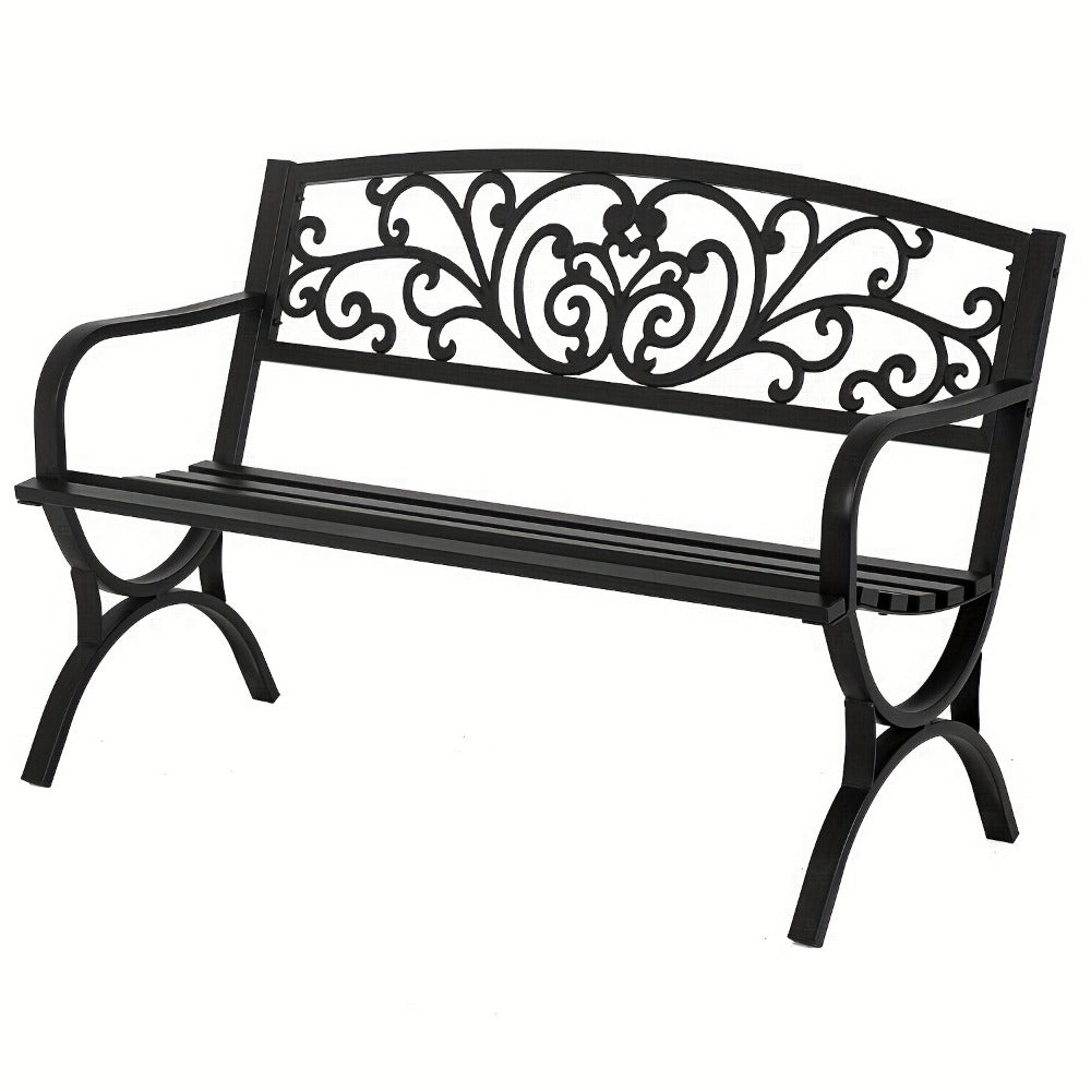 Cast Iron Outdoor Garden Bench with Floral Backrest and Slatted Seat for Patio detail image