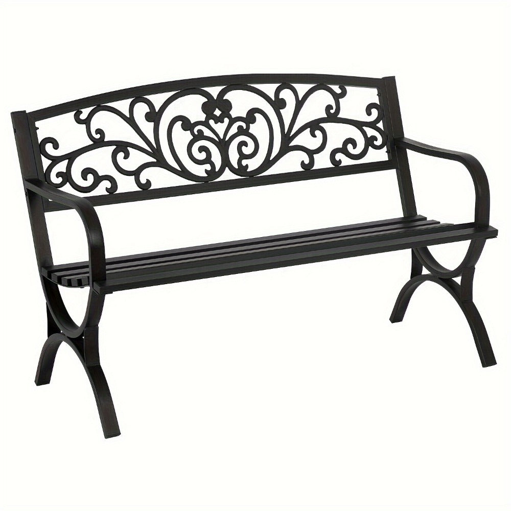 Cast Iron Outdoor Garden Bench with Floral Backrest and Slatted Seat for Patio detail image - detail view 3