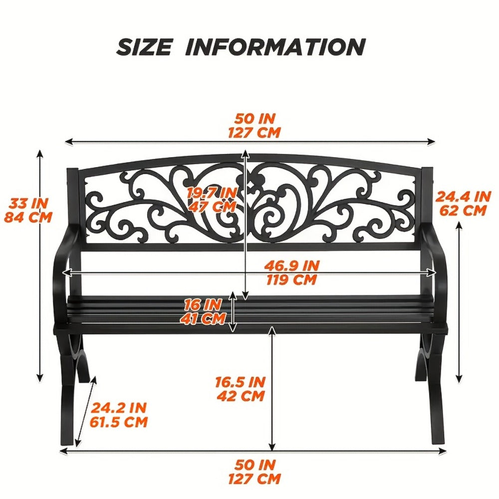 Cast Iron Outdoor Garden Bench with Floral Backrest and Slatted Seat for Patio detail image - detail view 4