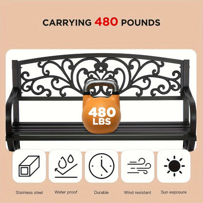 Cast Iron Outdoor Garden Bench with Floral Backrest and Slatted Seat for Patio detail image - detail view 5