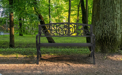 Cast Iron Outdoor Garden Bench with Floral Backrest and Slatted Seat for Patio detail image - detail view 7