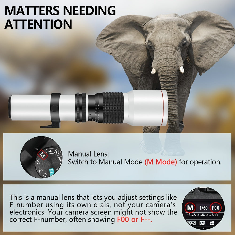 500mm F/8 Manual Focus Telephoto Lens for Canon EF & Nikon F Mount DSLR Cameras – T-Mount Zoom Lens with Adapters