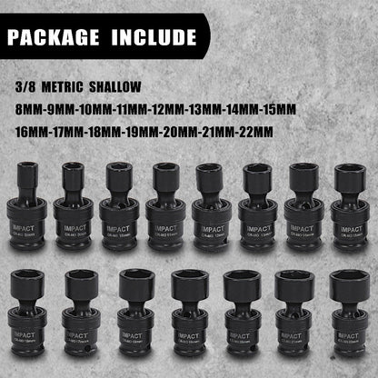 3/8-Inch Drive Impact Socket Set with 15-Piece Swivel or 17+1-Piece Accessory Kits in Red Cases
