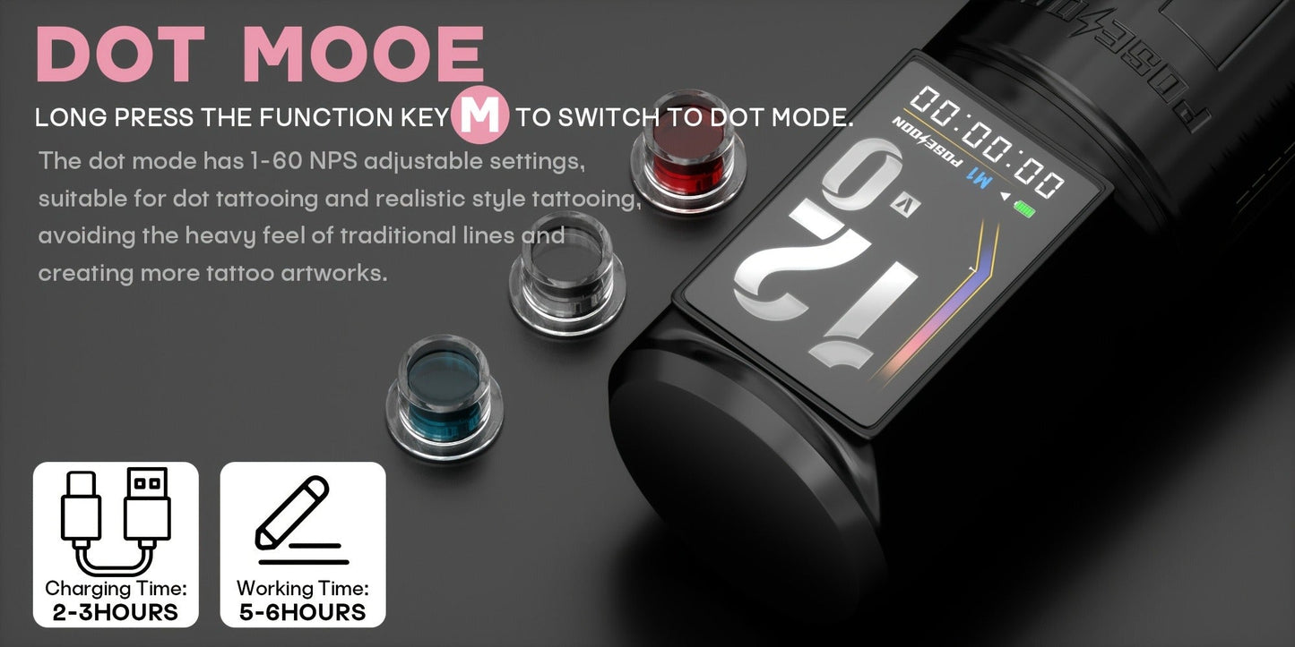 Tattoo Machine Kit POSEIDON BT29 Wireless Rotary Pen with LED Color Screen, 2300mAh Battery, 10 Cartridges and 11 Inks