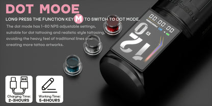 Tattoo Machine Kit POSEIDON BT29 Wireless Rotary Pen with LED Color Screen, 2300mAh Battery, 10 Cartridges and 11 Inks