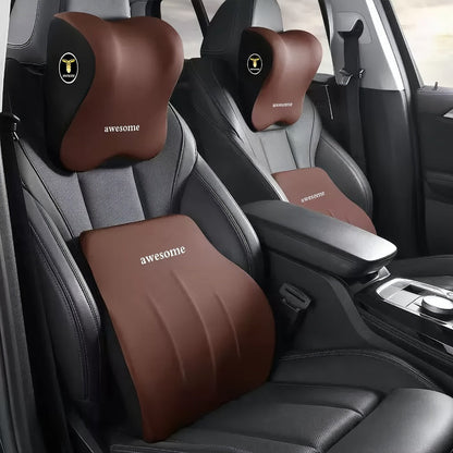 Car Neck Pillow and Lumbar Cushion Set in Black with Memory Foam Fill, Straps and 27 x 29cm and 39 x 38cm Sizes