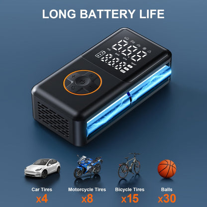 Compact Cordless Tire Inflator with Digital LCD Screen, Blue Air Hose and Pictured Valve Adapters