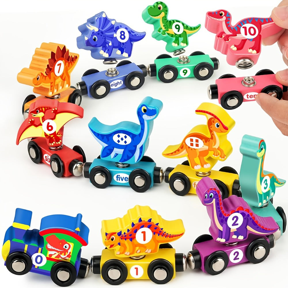 Magnetic Dinosaur Number Train Set for Kids Ages 3-5, 11PCS Wooden Magnetic Train Toy with Engine & Numbered Cars