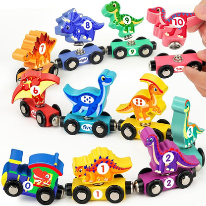 Magnetic Dinosaur Number Train Set for Kids Ages 3-5, 11PCS Wooden Magnetic Train Toy with Engine & Numbered Cars