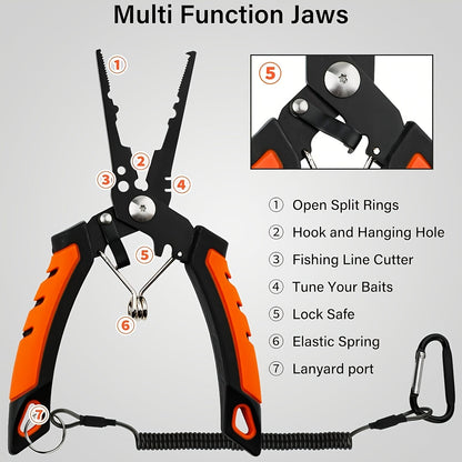 Fishing Tool Kit 6-Piece Corrosion Resistant Pliers Fillet Knife Fish Lip Gripper Braid Scissors Tool Retractor with Lanyard Fishing Gifts