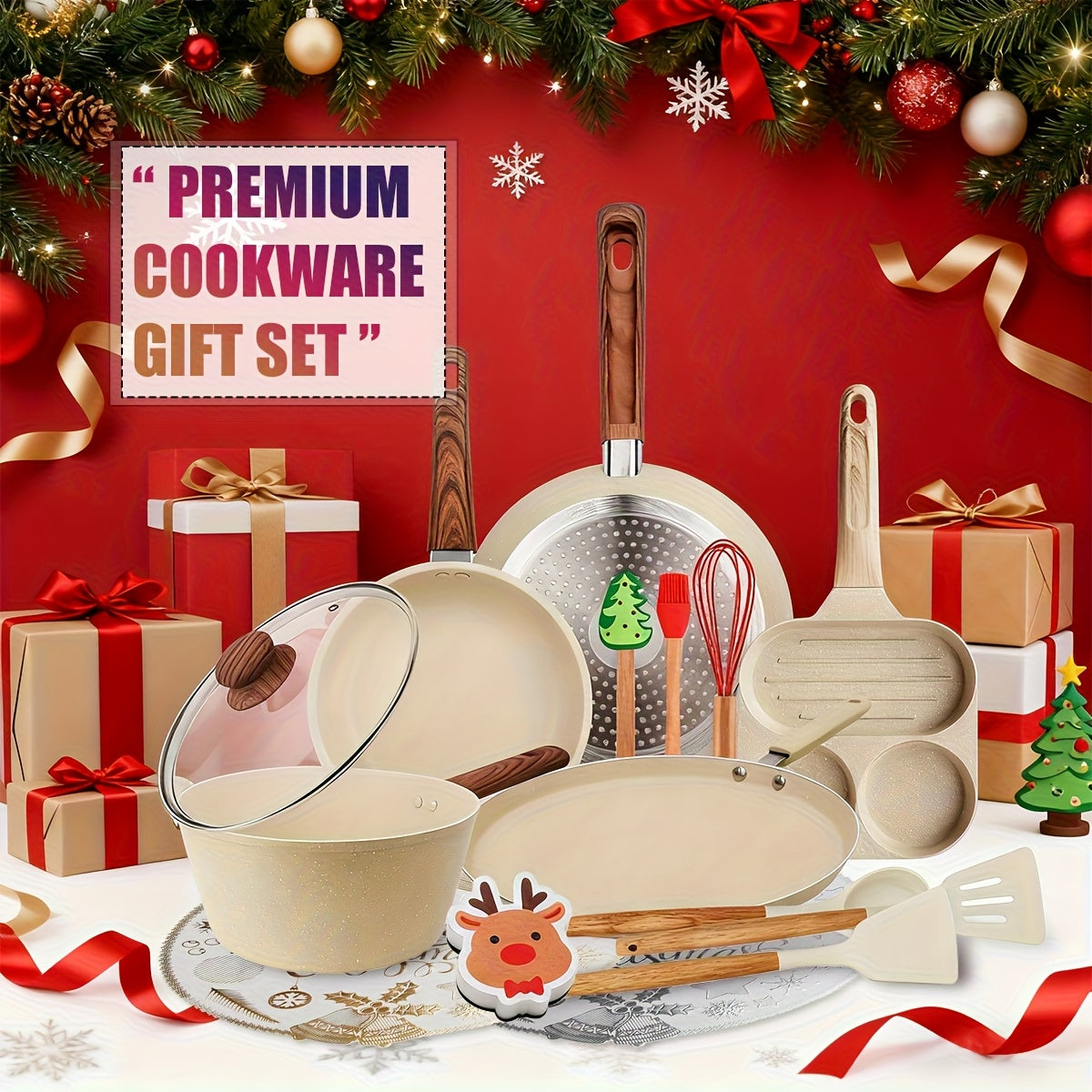 Cookware Set ABKOK 7-, 12- or 15-Piece Beige Pots and Pans with Lids, Steamer and Utensils