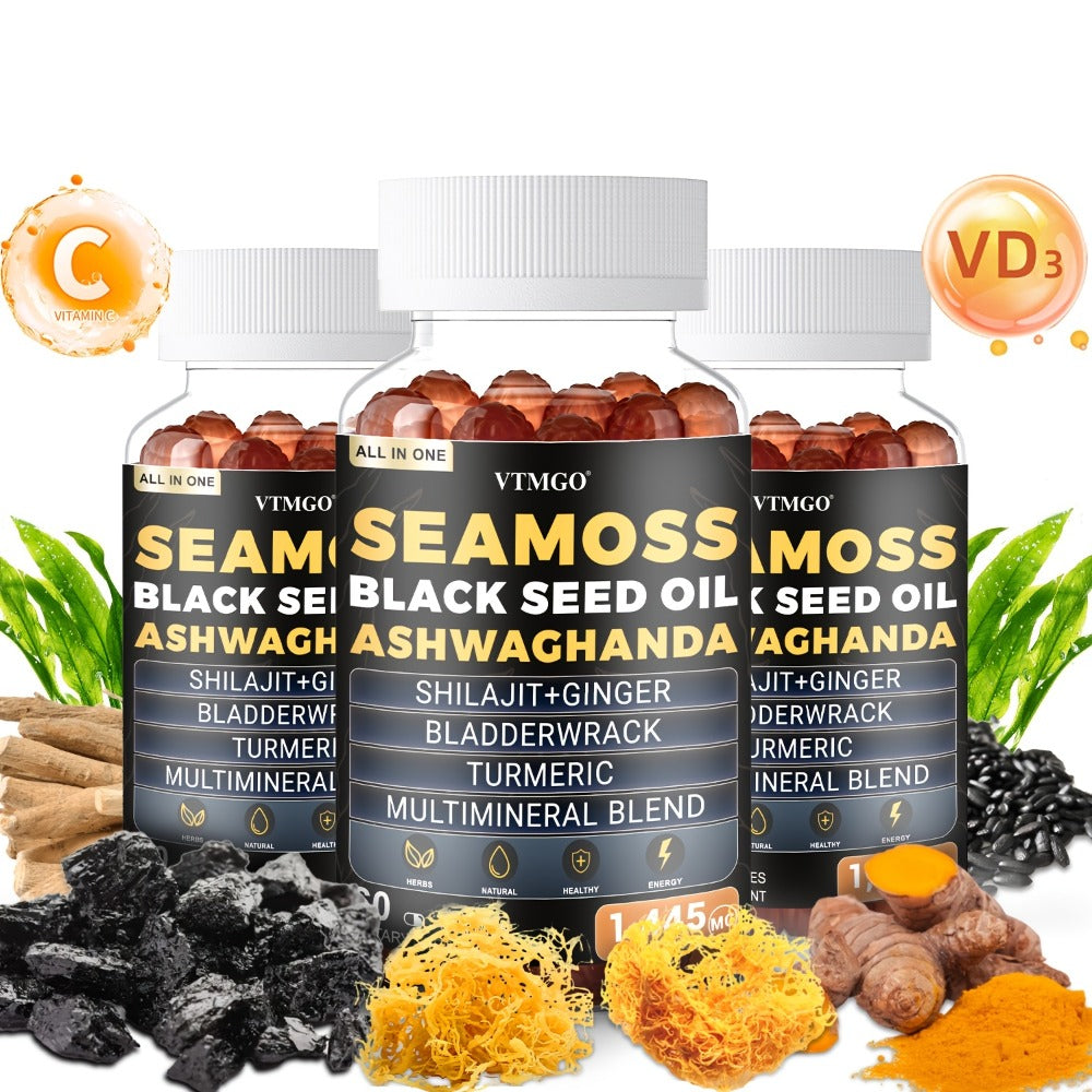 Sea Moss Gummies 1445mg with Shilajit Black Seed Oil Ashwagandha Elderberry Chlorophyll Turmeric Bladderwrack Ginger