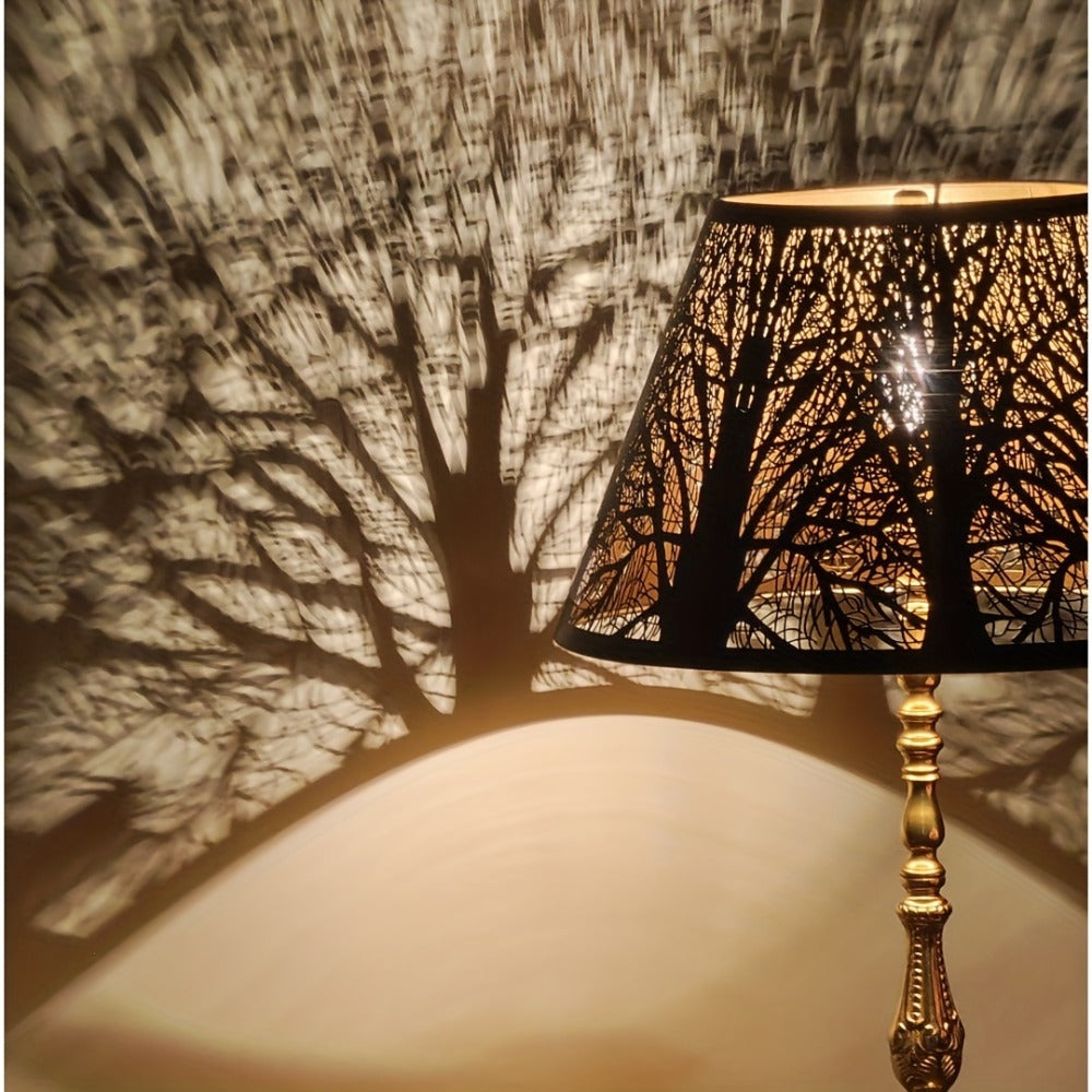 Metal Lampshade Etched Forest & Leaf Design | Black Exterior Gold Interior | Barrel Lamp Shade for Table Lamp & Floor Lamp |