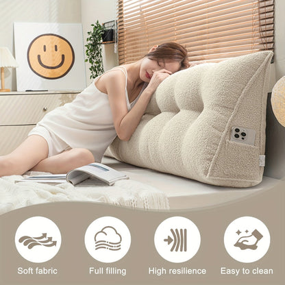 Bed Wedge Pillow Headboard Pillow with Side Pockets Removable Cover Teddy Velvet Reading Pillow Twin Queen King