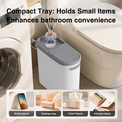 Slim 10L Bathroom Wastebasket with Lid Tray, Built-In Side Handles and Single or Two-Piece Options