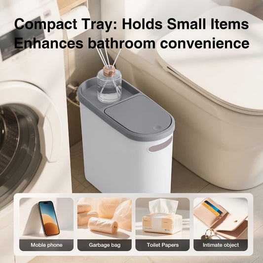 Slim 10L Bathroom Wastebasket with Lid Tray, Built-In Side Handles and Single or Two-Piece Options