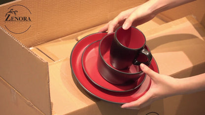 Dinnerware Set Options for Four with Round Plates, Bowls and Cups in Black, Red, Blue, Green or Floral Designs