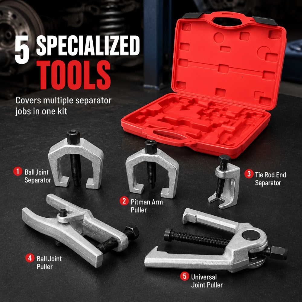 Five-Piece Ball Joint Separator and Puller Tool Set with Red Carry Case and Five Distinct Tool Profiles