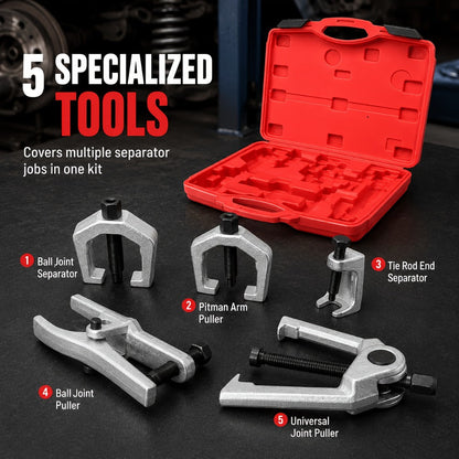 Five-Piece Ball Joint Separator and Puller Tool Set with Red Carry Case and Five Distinct Tool Profiles