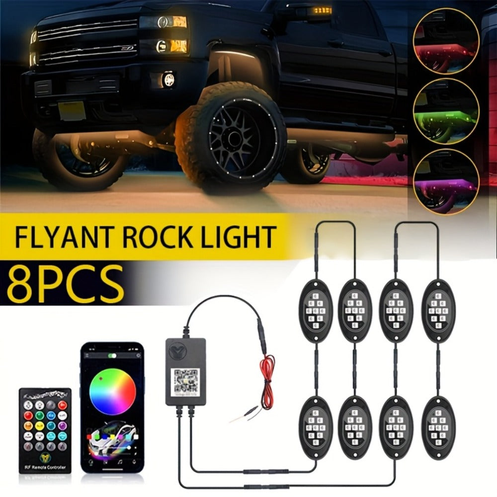 RGB Rock Lights Kit for Trucks & Cars, Sound-Activated LED Underbody Lights with APP & Remote Dual Control